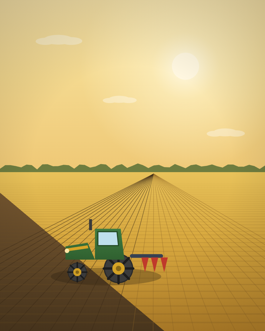 Traktor szántás közben aranyló mezőn